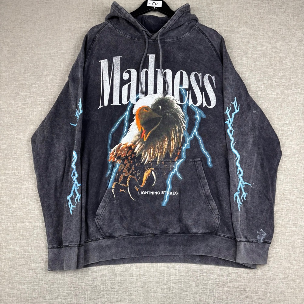 PacSun Madness Lightning Strikes Eagle Hoodie Acid Wash Black Mens XL